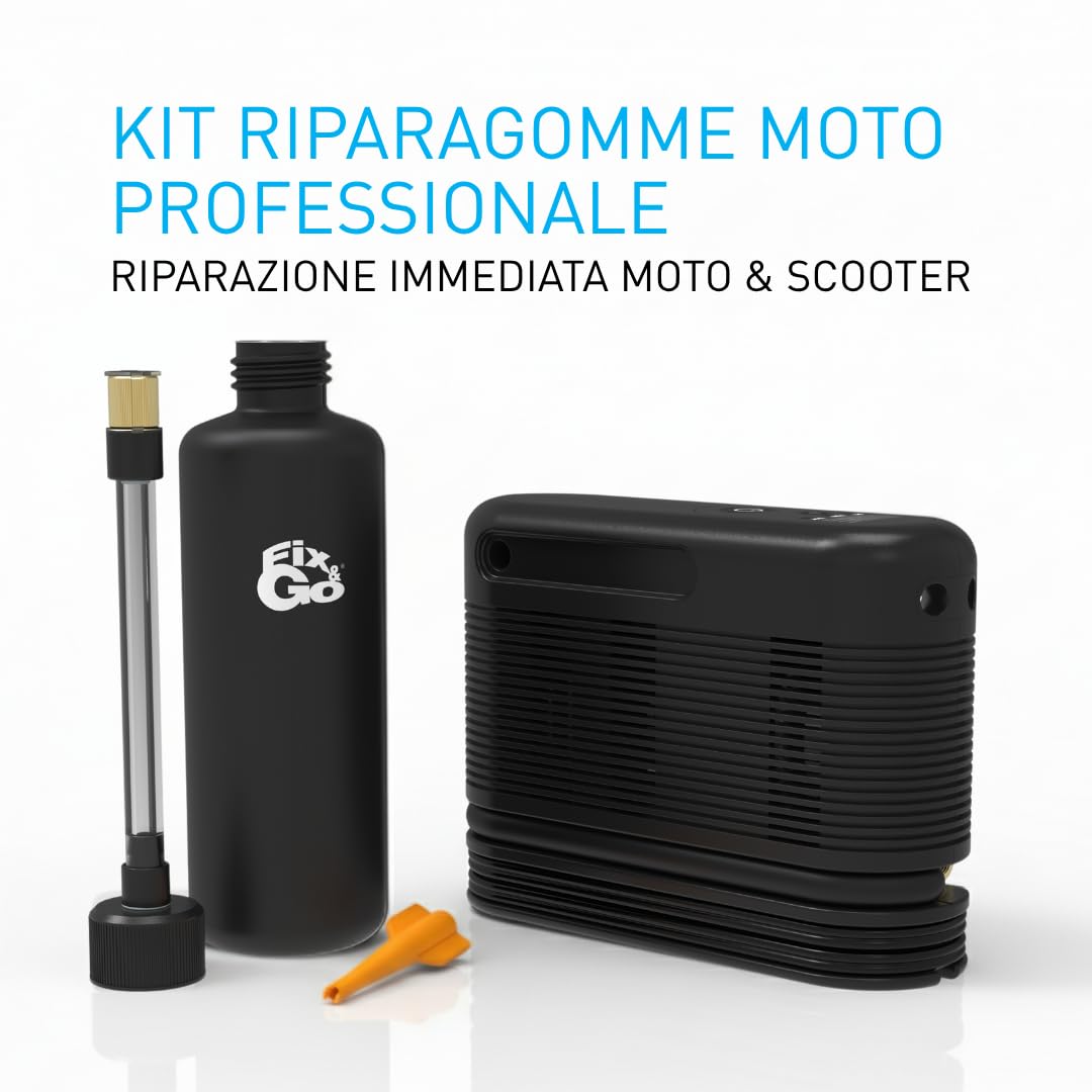 Fix&Go MICROAIR – Kit Riparazione Pneumatici Moto 12V con Compressore Portatile e Sigillante Ecologico – Per Moto, Scooter, Quad e ATV – Compatibile con TPMS