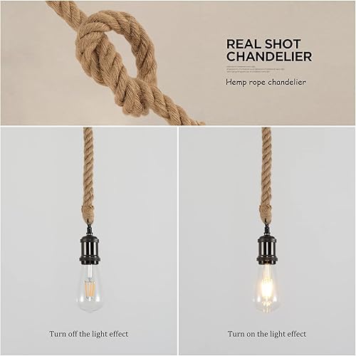 Miniatura 8 de Industrial Hemp Rope Chandelier;Single Head Farmhouse Pendant Lights E26 Base Ceiling Lamp;Retro Pendant Lamp Cord- DIY Home Decoration