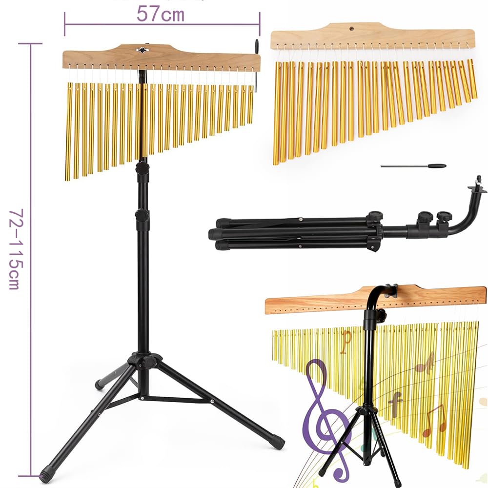 Carrillones de Percusión,Juego de 36 Láminas de Aluminio Afinadas,Soporte Plegable y Altura Ajustable (72-115 cm),Estructura de Madera,Con una caña llamativa,para Bandas de Iglesia,Orquestas y Coros