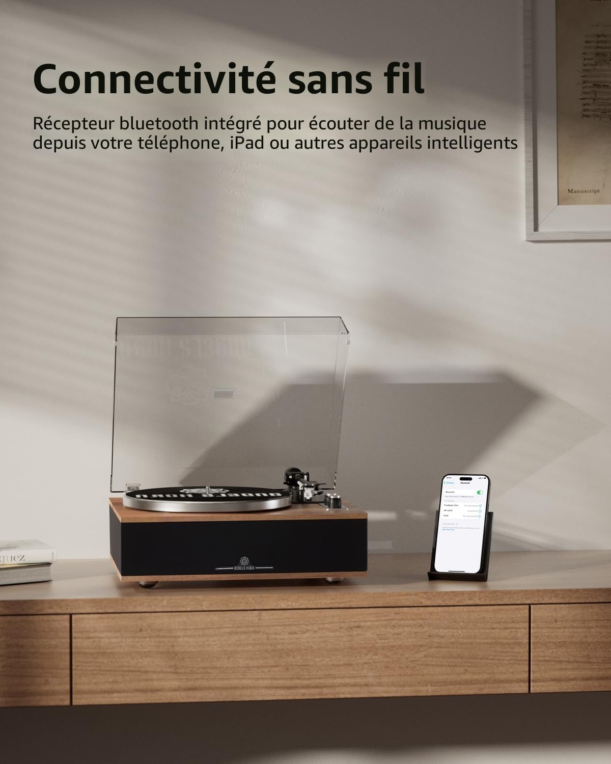 ANGELS HORN Platine Vinyle Tourne Disque Vinyle Bluetooth HiFi avec Haut-parleurs Préamplificateur Phono intégré 33/45 TR/Min et Micro AT-3600L
