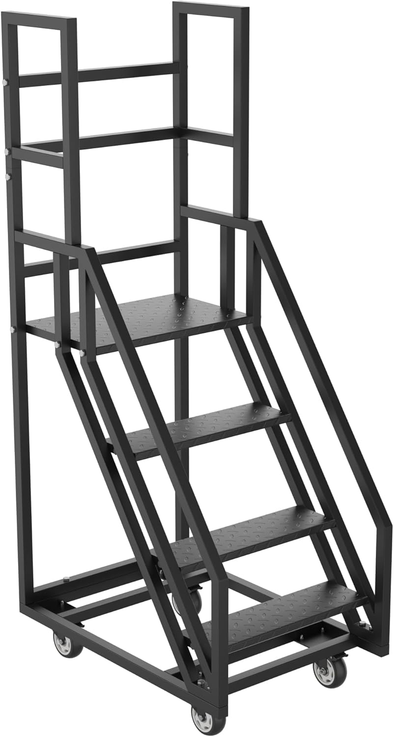 Rolling Ladder, 4 Step Stairs with Lockable Wheels, Industrial Rolling Step Ladder, Non-Slip Design and Side Rails for Protection, Easy to Move, High Load Support, 39.3"x23.6"x78.7", Black