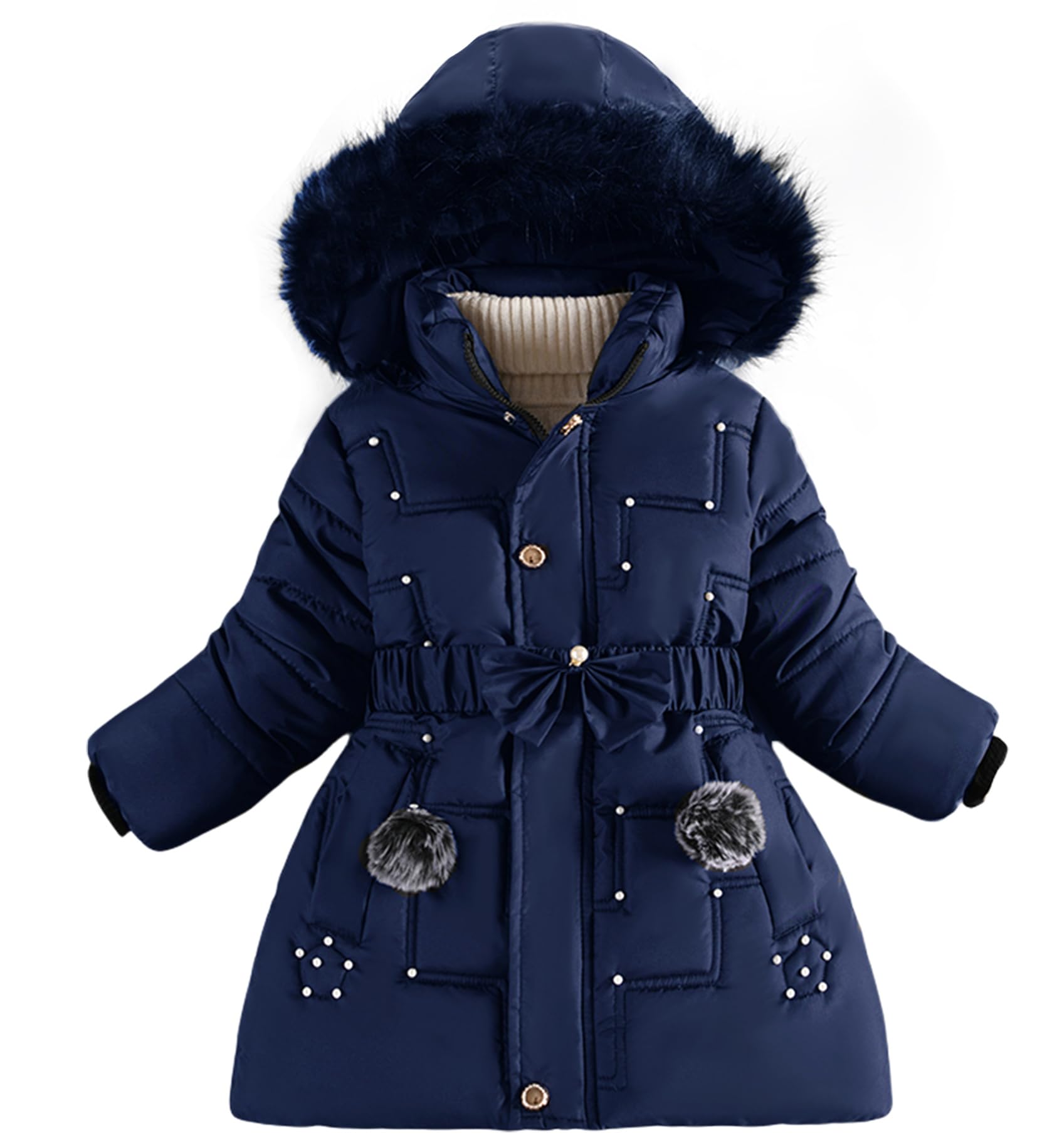 Maeau - Manteau à Capuche Détachable Fille Hiver Veste Mi-longue Chaude Parka Matelassée Doudoune Epaisse Rembourré avec Ceinture Élastique Nœud Papillon 3-9 Ans