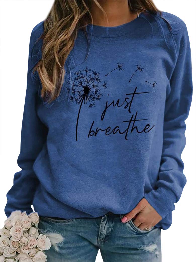 EzcosplayWomen Dandelion Graphic T-Shirts Just Breathe Long Sleeve Shirts Letter Print Sweatshirt