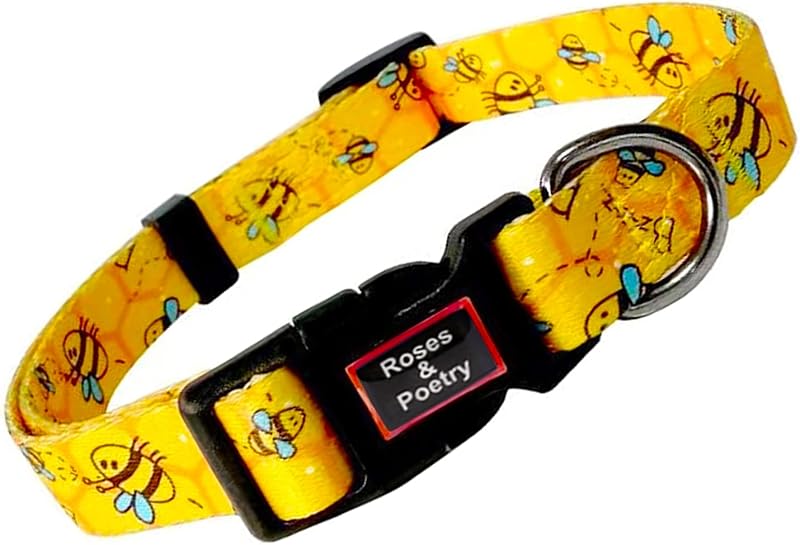 Coleira para Cães com Estampa de Abelha, Ajustável em Poliéster e Fivela de Engate Rápido Roses&Poetry Bee-XS