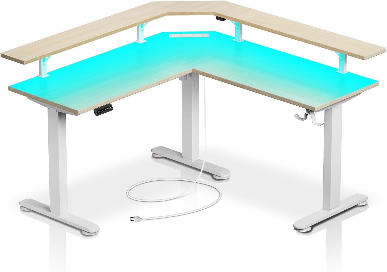 Rolanstar Standing Desk L Shaped with LED Light and Power Outlet, Electric Height Adjustable Desk with Monitor Stand, Sit Stand Up Desk, Computer Office Desk, Beige
