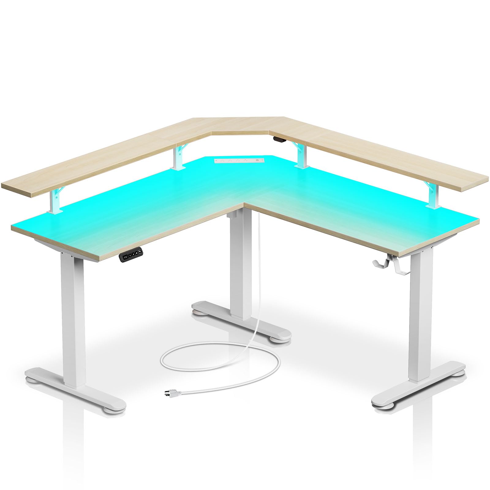 Rolanstar Standing Desk L Shaped with LED Light and Power Outlet, Electric Height Adjustable Computer Office Desk Sit Stand Up with Monitor Stand, Beige