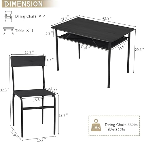 Miniatura 7 de ECOTOUGE Juego de mesa de comedor para 4, mesa de cocina de madera y sillas con estantes de almacenamiento y marco de metal, juegos de mesa de