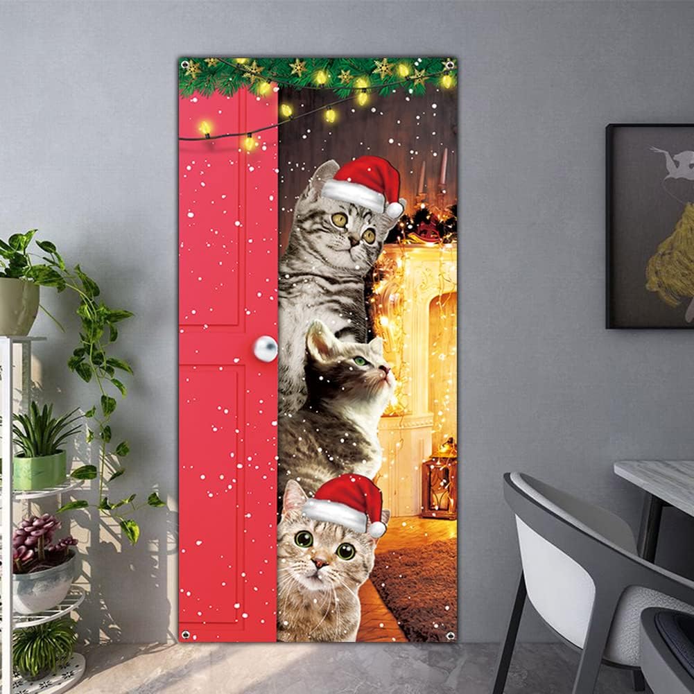 Cute Cats Merry Christmas Door Cover Funny Cats Banner Decoration for Front Door Wall Window Xmas Party Supplies New Year Party Backdrop image 3
