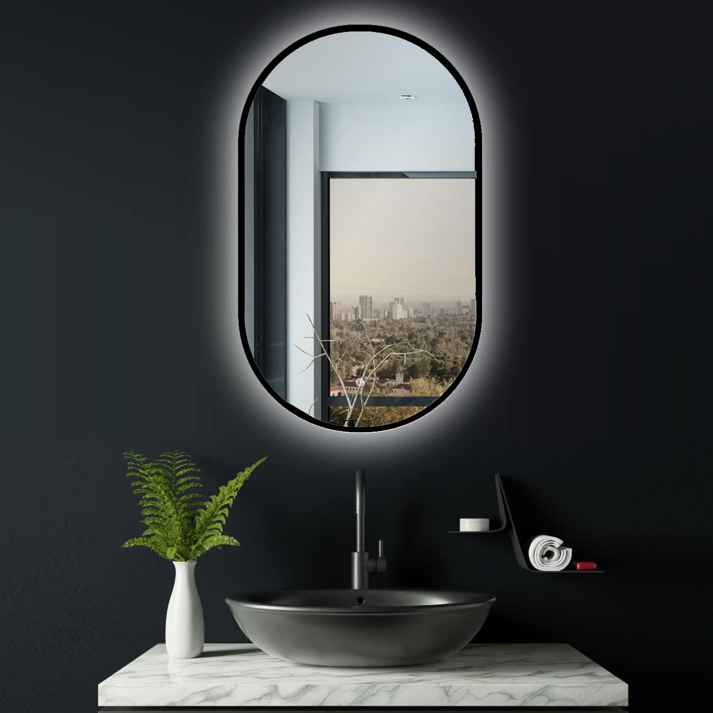 Miroir de salle de bain ovale LED anti-éblouissement à tactile