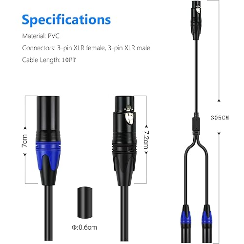 Miniatura 2 de LanSenSu Cable divisor XLR, 1 XLR hembra a 2 XLR macho, cable divisor de micrófono equilibrado, adaptador de audio de 10 pies (paquete de 1)