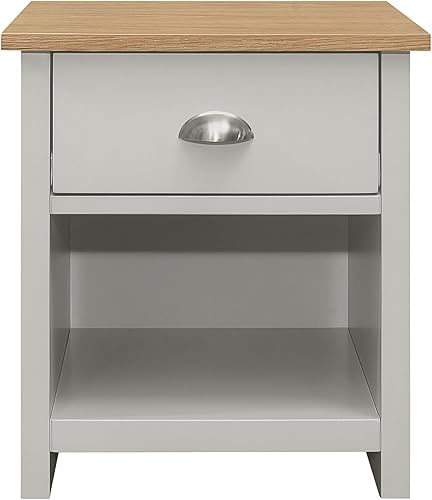 Elegante y resistente mesita de noche gris y madera de roble, construcción de roble macizo, elegante acabado gris elefante, amplio espacio de