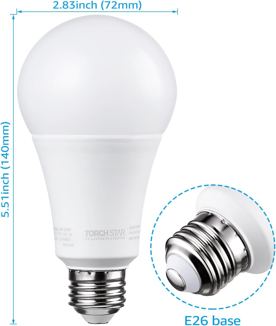 Diagram showing the dimensions of the A21 LED bulb and a close-up of the E26 base
