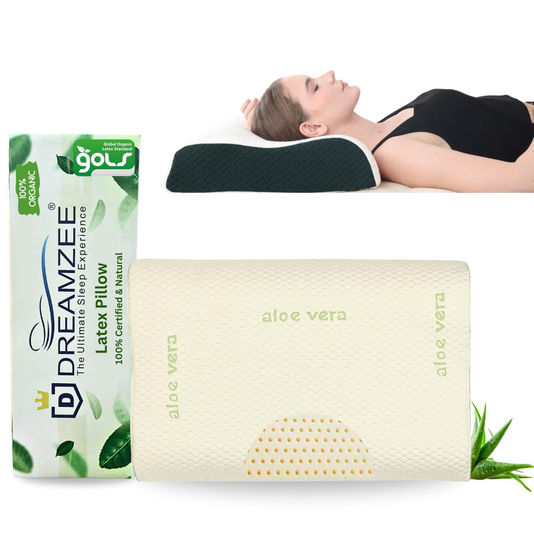 DREAMZEE Certified 100% Natural Latex Pillow with Aloe-Vera Zipper Fabric for Side and Stomach Sleepers, Organic Bed Contour Pillow Size 24x16 Inches - with Organic Pillow Cover (Pack of 1Pc)