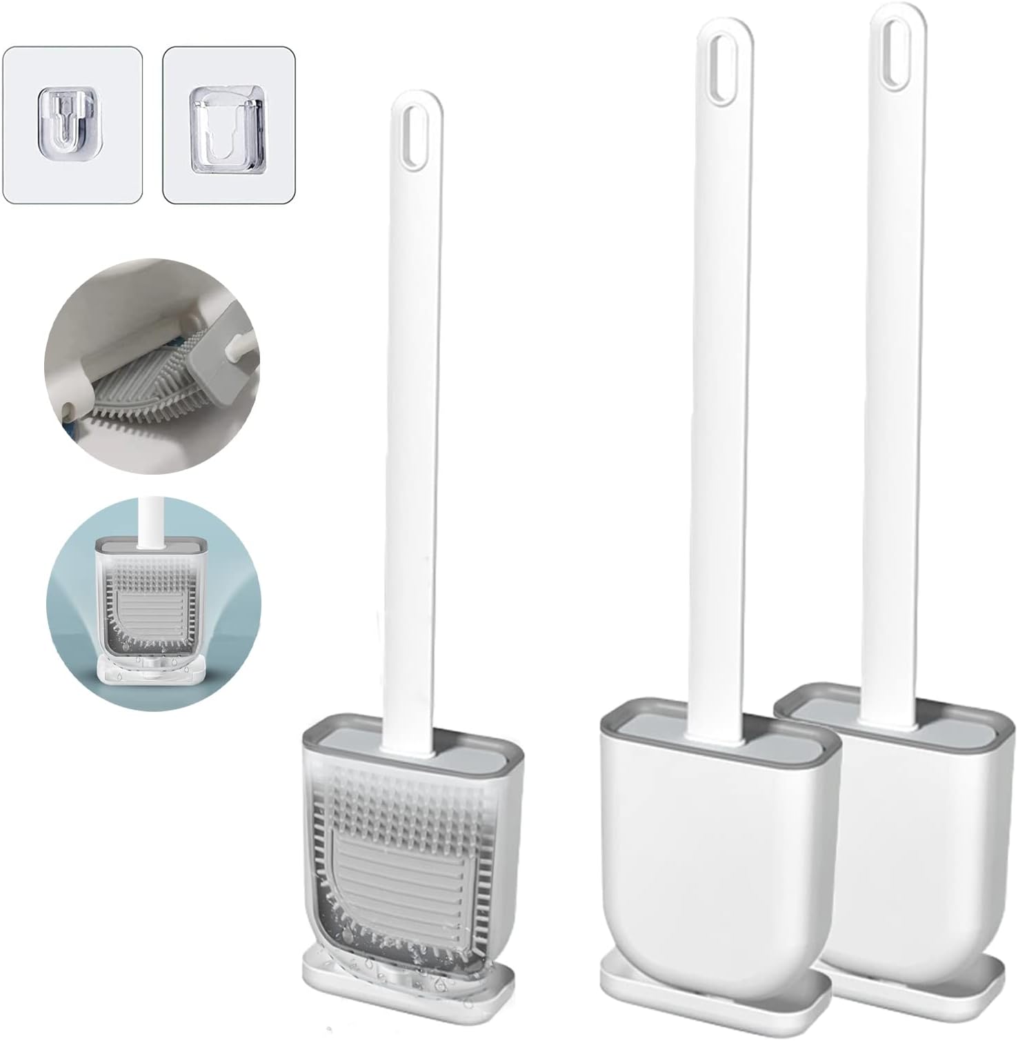 GROLF Silicone Toilet Brush with Holder Sets - 2 Pack, Deep Cleaner Toilet Brushes with No-Slip Plastic Handle and Soft Bristles Silicone Toilet Brush and Quick Drying Holder Set for Bathroom Toilet