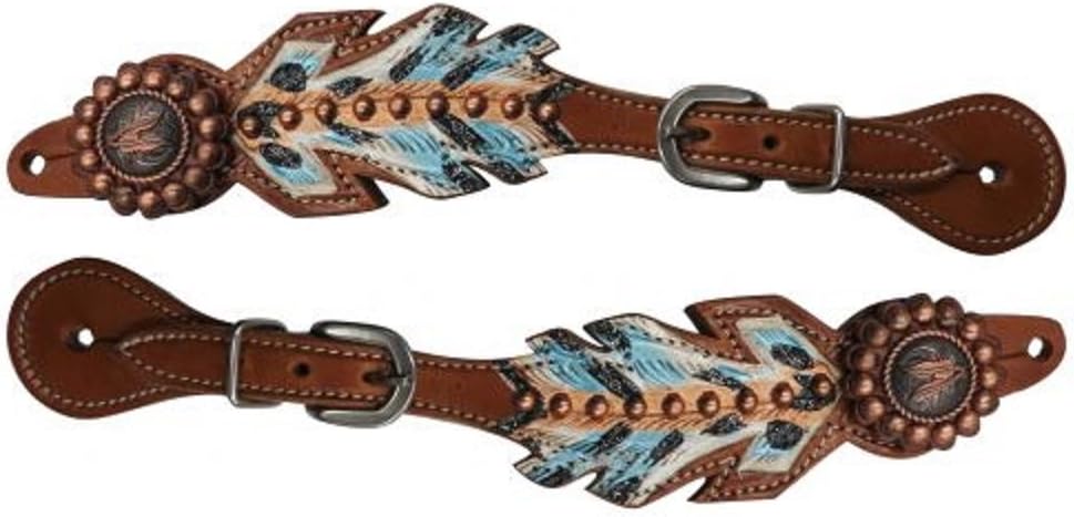 Showman Ladies Painted Feather Medium Leather Copper Conchos Studs Spur Straps