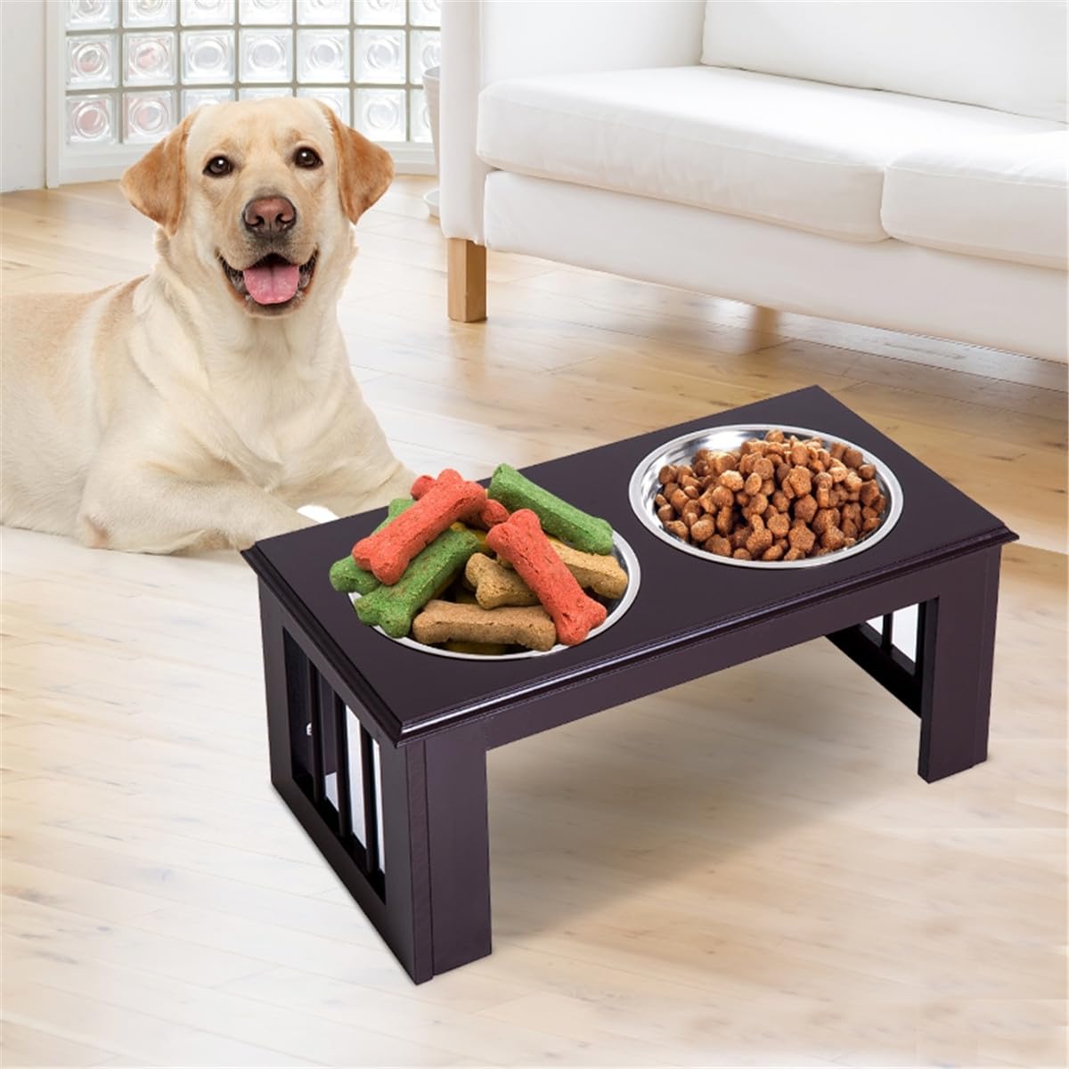 Supporto rialzato per ciotola per cani con ciotole in acciaio inox, mangiatoia per animali domestici a doppia altezza, in legno nero, ideale per cani di piccola e media taglia