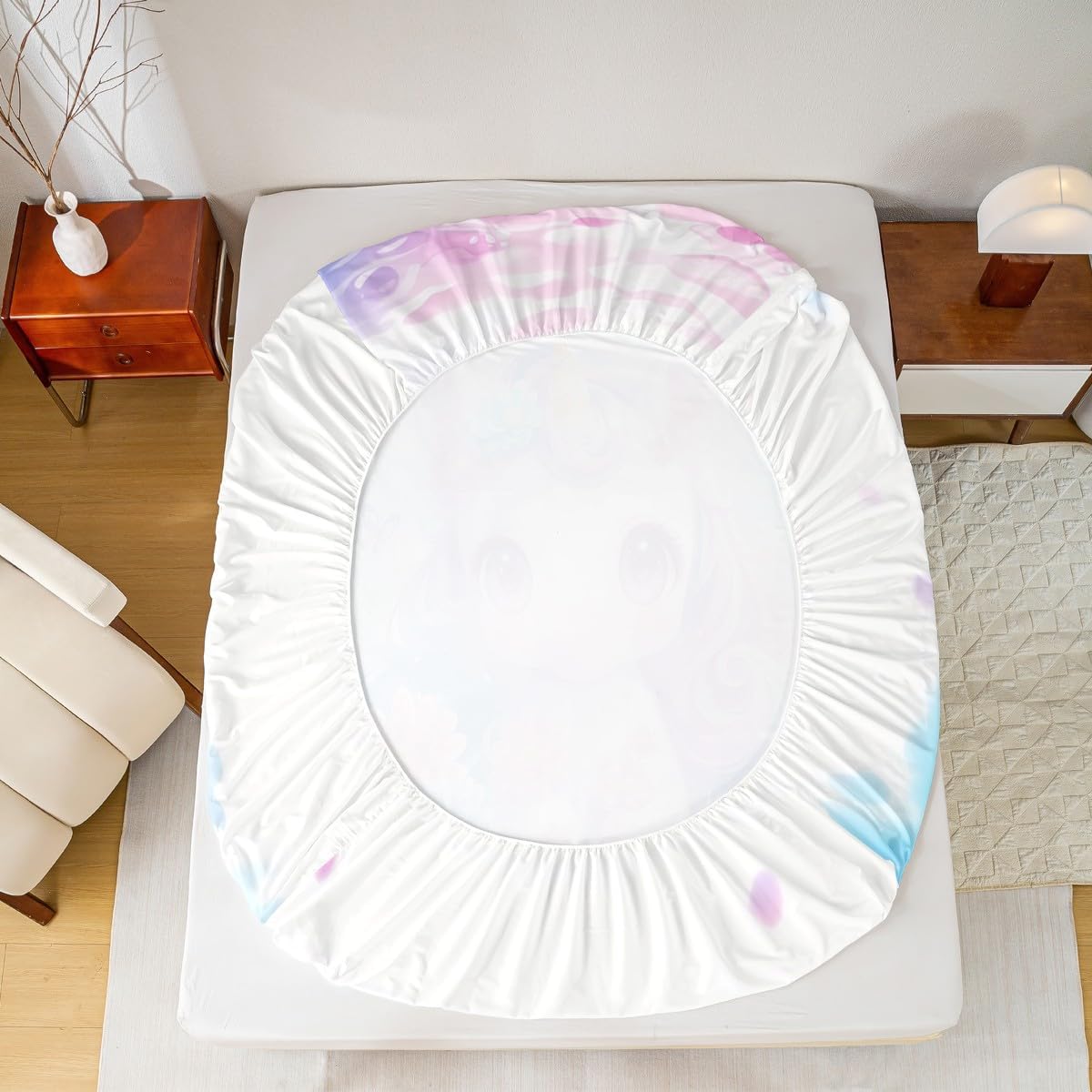 Unicorn Fitted Sheet Full Size Kawaii Animal Dreamy Bedding Set for Kids Girls Teens Watercolor Blue Pink Tie Dye Bed Sheet Set Butterfly Flower Bed Cover Room Decor,No Top Sheet