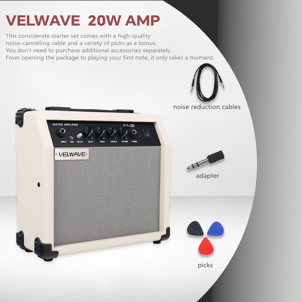 Electric Guitar Amplifier 20W Cream Color Portable Smart amp 6.5'' Speaker 6.5mm Input 3.5mm aux Drive gain bass Treble Volume and Headphone Jack Practice amp