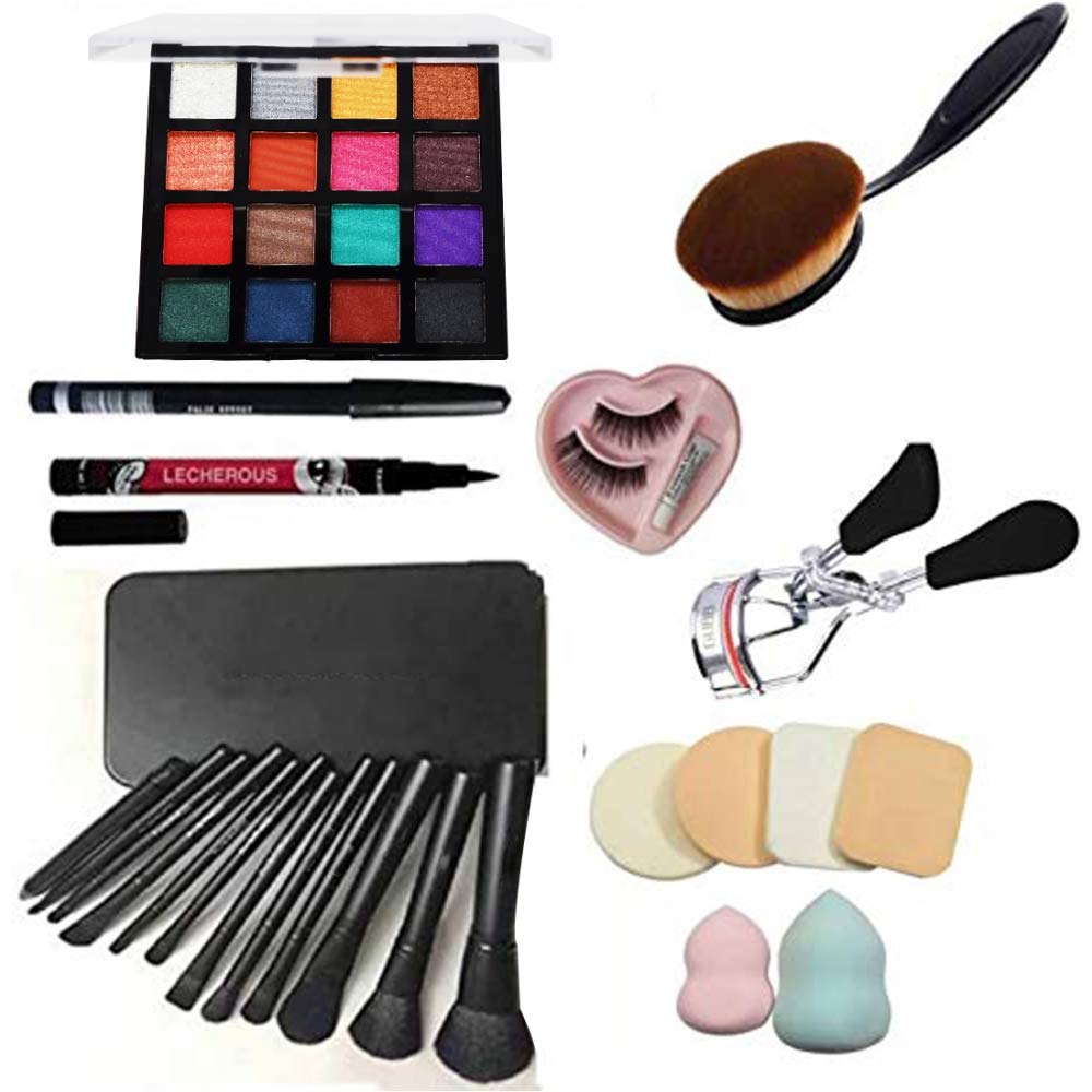 Adbeni Face makeup combo of Makeup brush pack of 7pc with eyelashes, eyelash curler, Foundation brush, sketch eyeliner and 6 in1 makeup sponge with beauty blender (8 Items in the set)