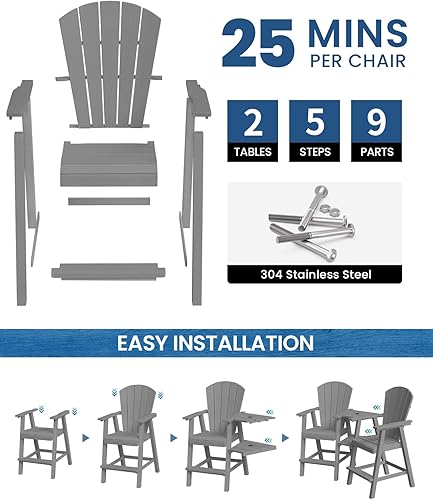 Miniatura 4 de Ciokea Juego de 2 sillas Adirondack altas Adirondack de polietileno de alta densidad para exteriores con doble bandeja de conexión, sillas