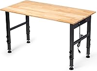GVGBUK 48" Height Adjustable Workbench - 2000 lbs Capacity Rubber Wood Top, Power Outlet, Foot Pads for Garage Workshop