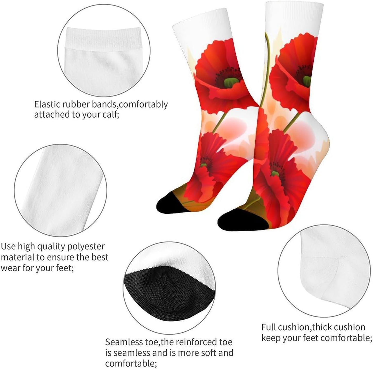 Breathable Sports Socks, Moisture Wicking, Lightweight Crew Socks | Poppy Flowers Vivid Petals Athletic Calf Socks for Women Men, Casual, Anti-Slip, Multifunctional Work Socks
