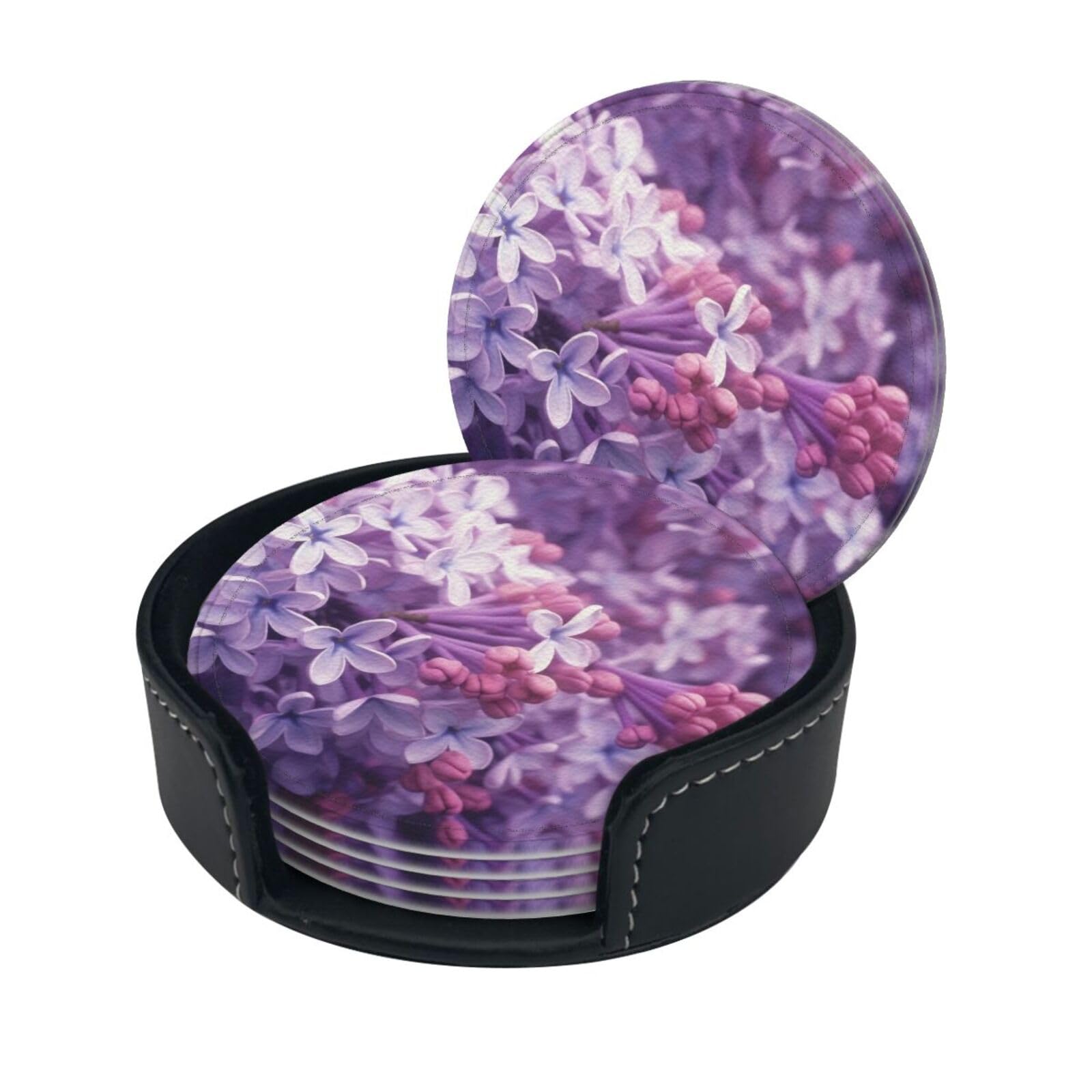 Stylish Coasters - Blooming Purple Flowers Set of 6 Round Leather Drink Coasters with Holder - Perfect Size for Cups and Glasses