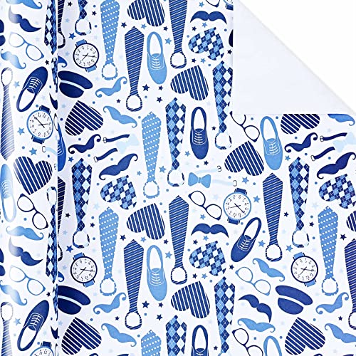Bolsome 10 Sheets 28 * 20 Inches Father’s Day Gift Wrap Paper, Blue Bow Tie Neck Tie Mustache Print Happy Father’s Day Wrapping Paper For Men, Birthday Party, Father’s Day Diy Craft #TOP22