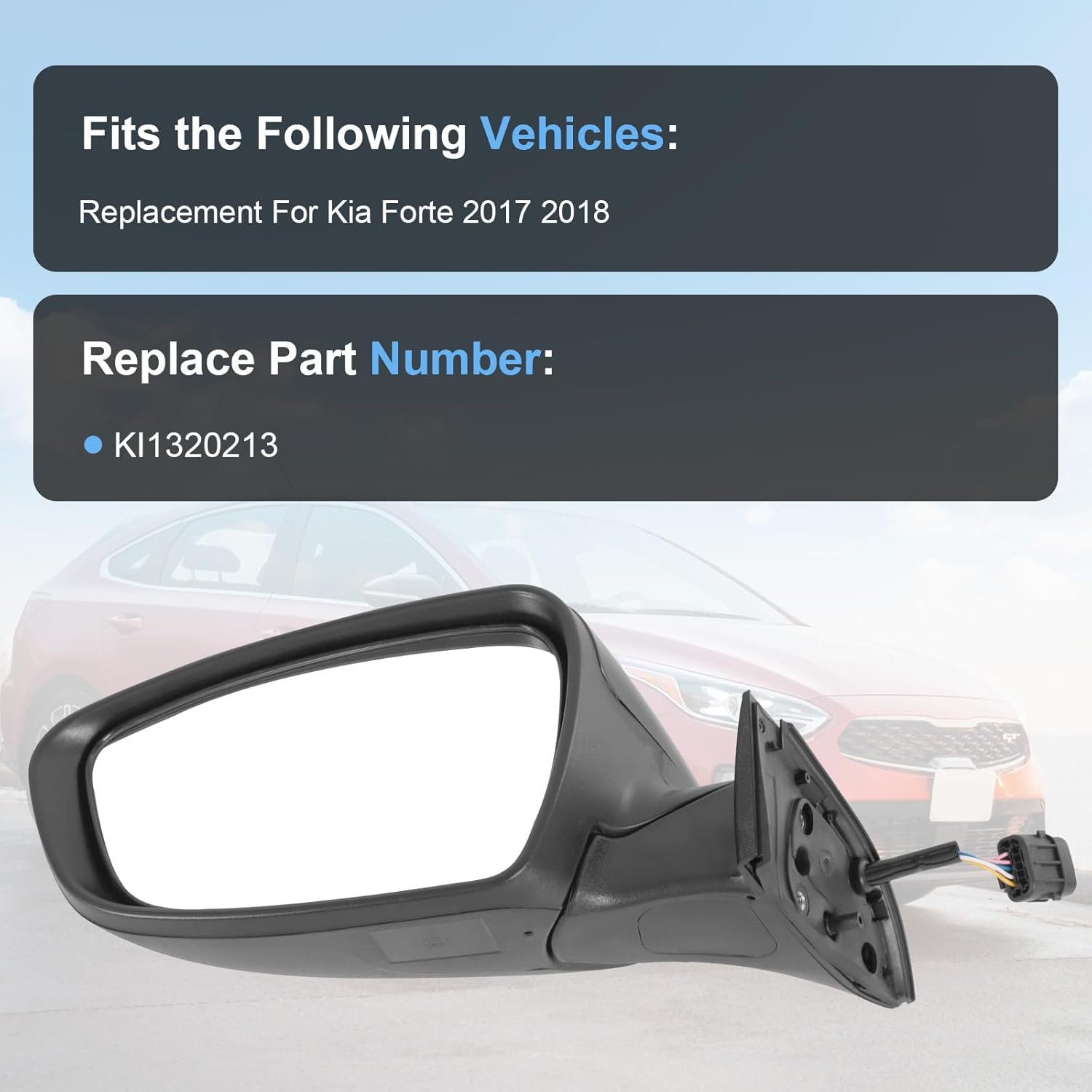 Door Mirror Left Driver Side Replacement For Kia Forte 2017 2018, Replace KI1320213, Black 5PINS