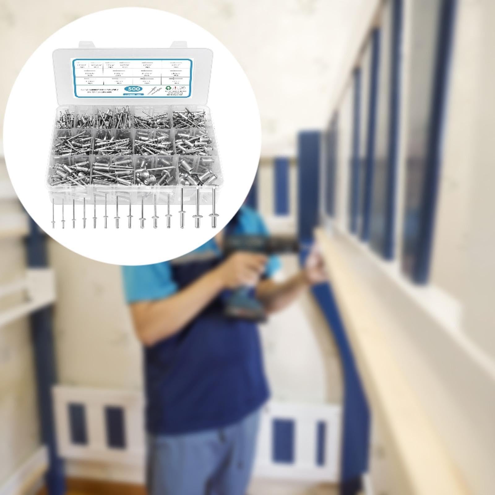 500 Piezas Remaches Ciegos Mixtos Abiertos Caja Plástica Divisores Separados Instalación Sencilla Adecuado para Mantenimiento Instrumentos Trabajos Do, Plata