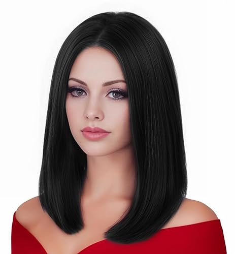 Miniatura 1 de Rugelyss Pelucas lacias estilo Bob para mujer, sin flequillo, peluca corta negra natural con parte media de 14 pulgadas, resistente al calor, peluca