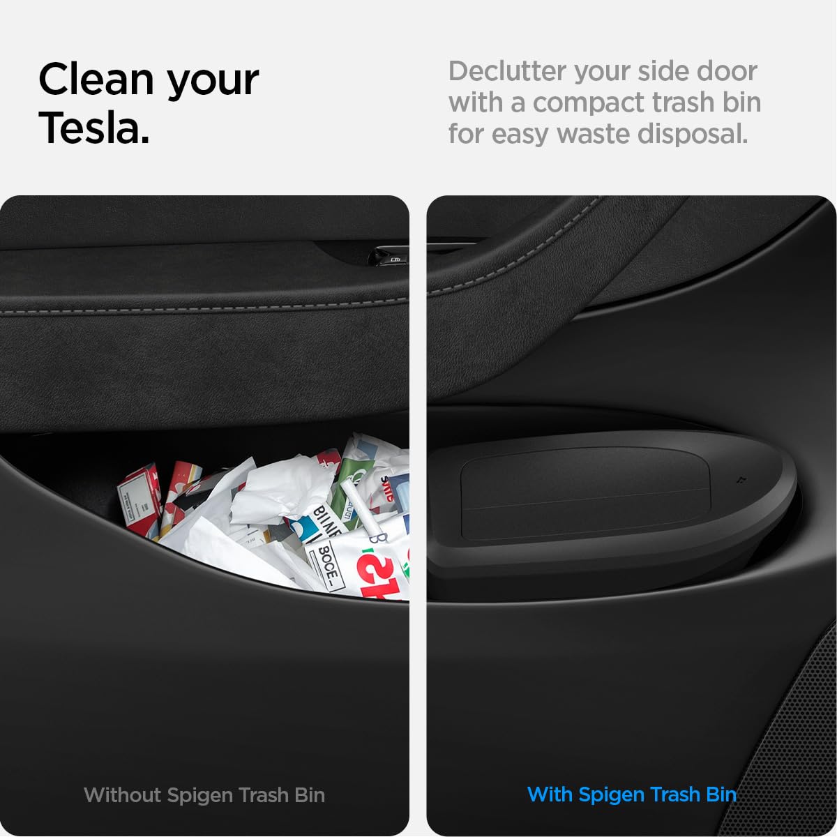 Spigen Tesla Model Y (~2025) Pattumiera per Auto【Inclusi 50 sacchetti】 Mini Pattumiera da Portiera Anteriore Lato Guida con Portaoggetti, Design Salvaspazio, Accessorio Tesla Model Y