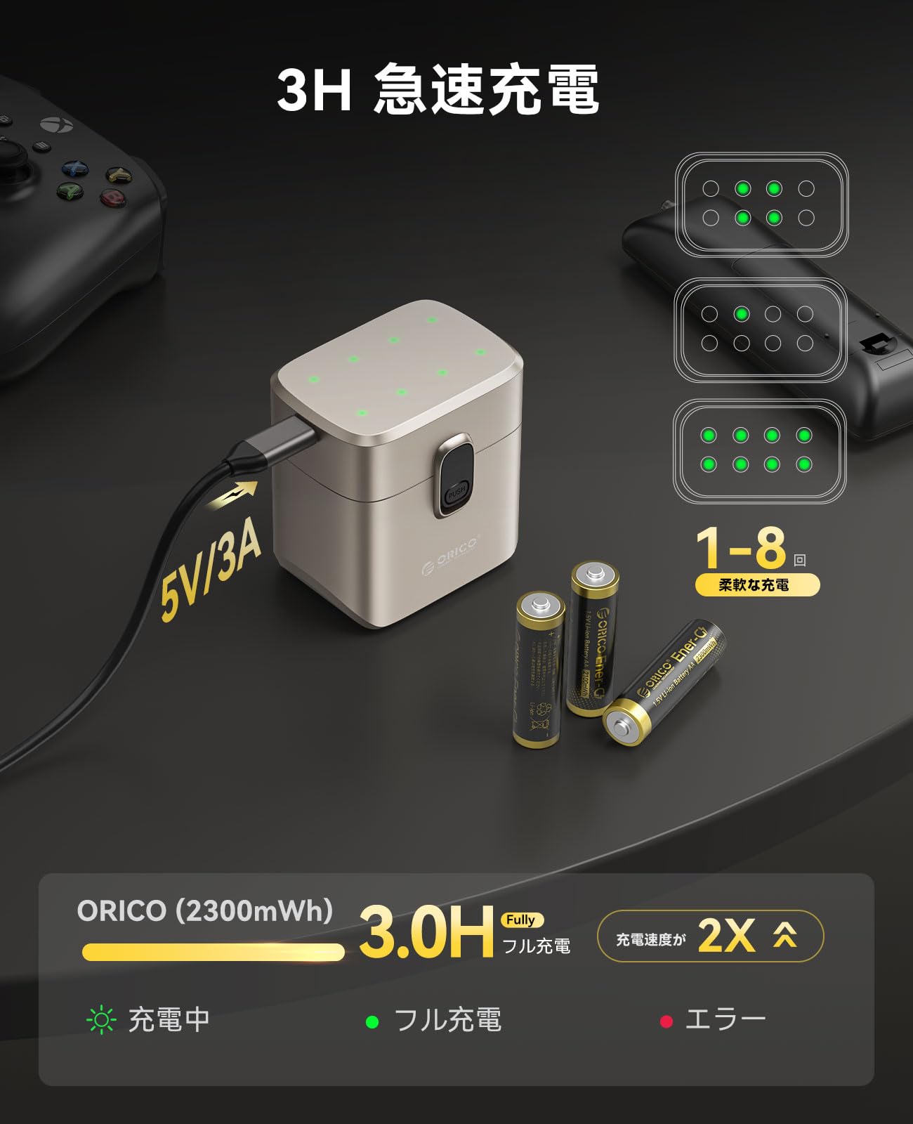 Amazon | ORICO 単三 充電池 リチウム電池 8本セット【2026年 2300mWh