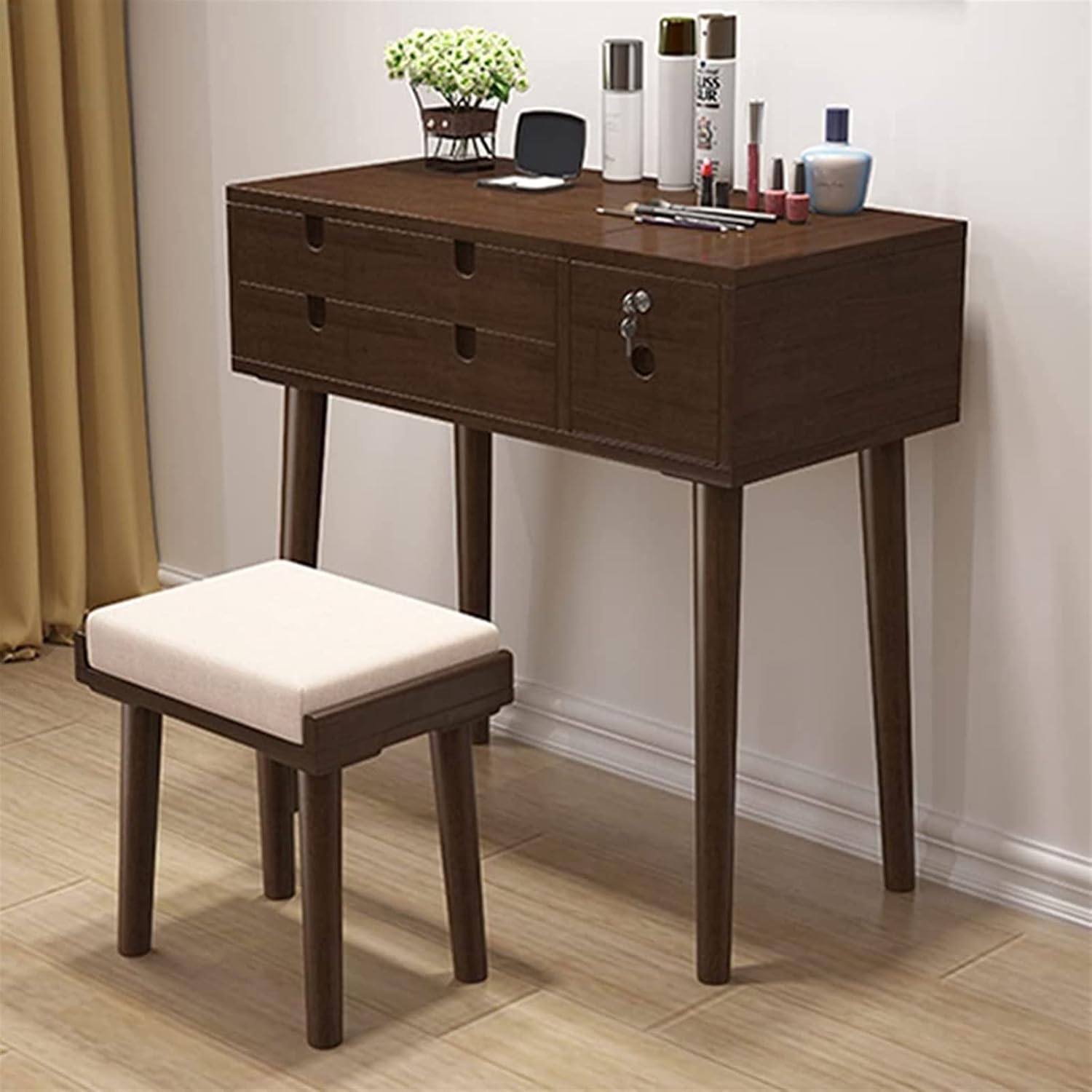 Vanity Stool Bedroom Vanity Chair Upholstered Seat Wooden Stools Bedroom Wooden Makeup Stool Wooden Dining Stool Porch Stools for Changing Shoes Piano Stools(Walnut Color)