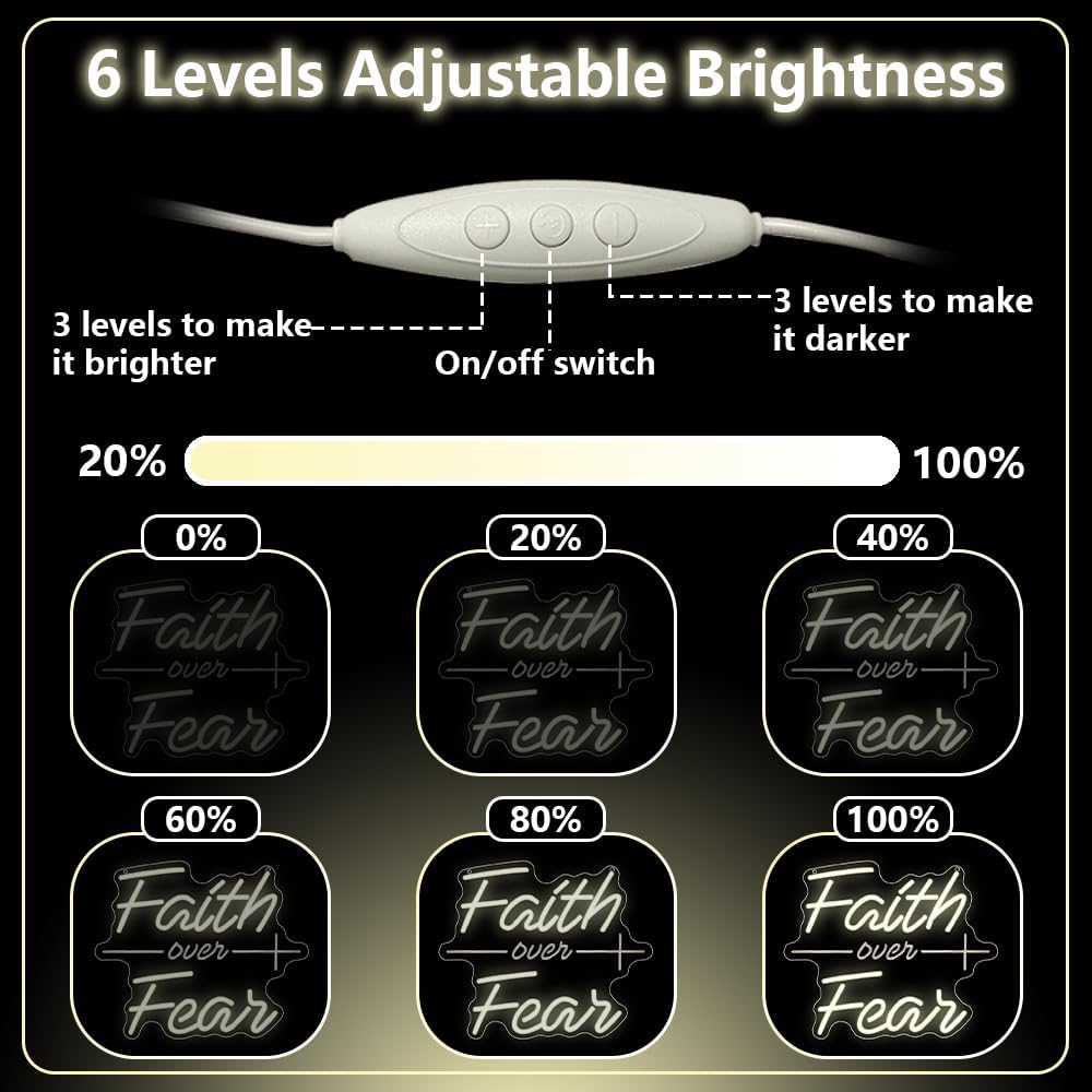 Faith Over Fear Neon Sign,Christian Dimmable LED Light Signs for Wall Art Decor,Warm White Backdrop for Bedroom Club Party Man Cave,Gift for Teen Men USB Powered(13.8"*11.6") - Image 4