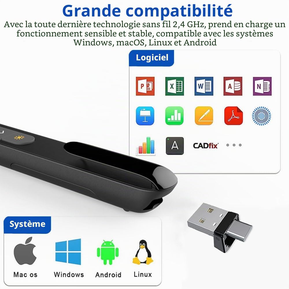 Powerpoint, 2.4GHz USB Presentation Cliqueur Zapette Powerpoint Pointeur Slide Télécommande de Présentation sans Fil pour Ordinateur PC Portable