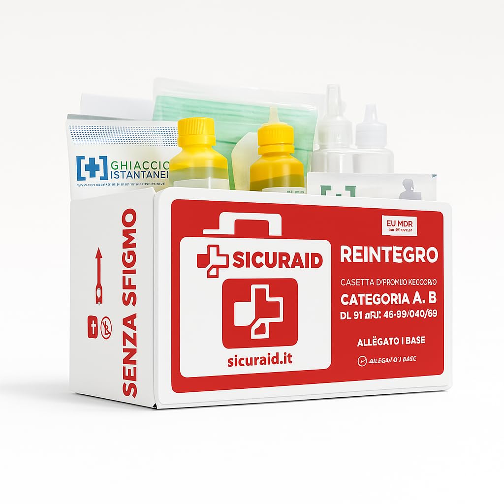 SICURAID Kit Reintegro Cassetta Pronto Soccorso Allegato 1 – Aziende 3+ Dipendenti – Conforme DM 388/2003 – Ricambi Completi Certificati per Kit Medico Aziendale – Senza Sfigmomanometro