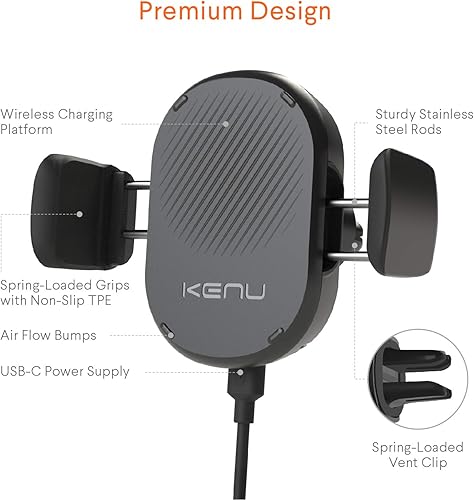 Miniatura 3 de Kenu Cargador inalámbrico para teléfono de coche Airframe  Soporte para teléfono celular  360 grados pivotante, carga rápida Qi  Agarre expandible