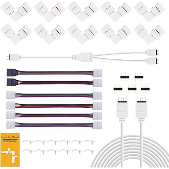 LED Strip Connector LED Strip Extension LED Strip Corner Connector LED Strip Mounting Clips For 10 mm 4-Pin RGB 5050 LED Strip