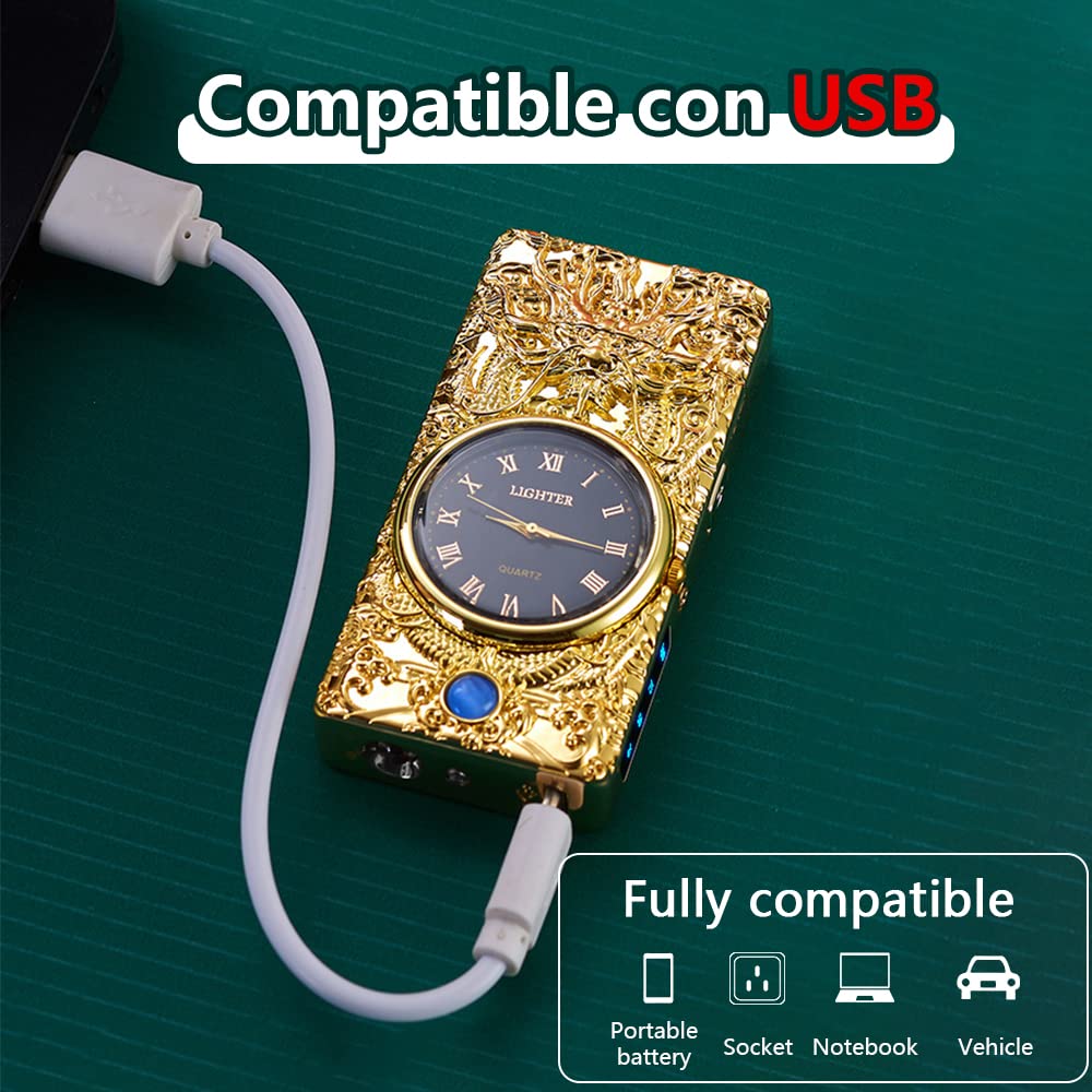 GADATOP Accendino elettrico a forma di drago, antivento, senza fiamma, ricaricabile tramite USB, con quadrante e illuminazione a LED (oro)