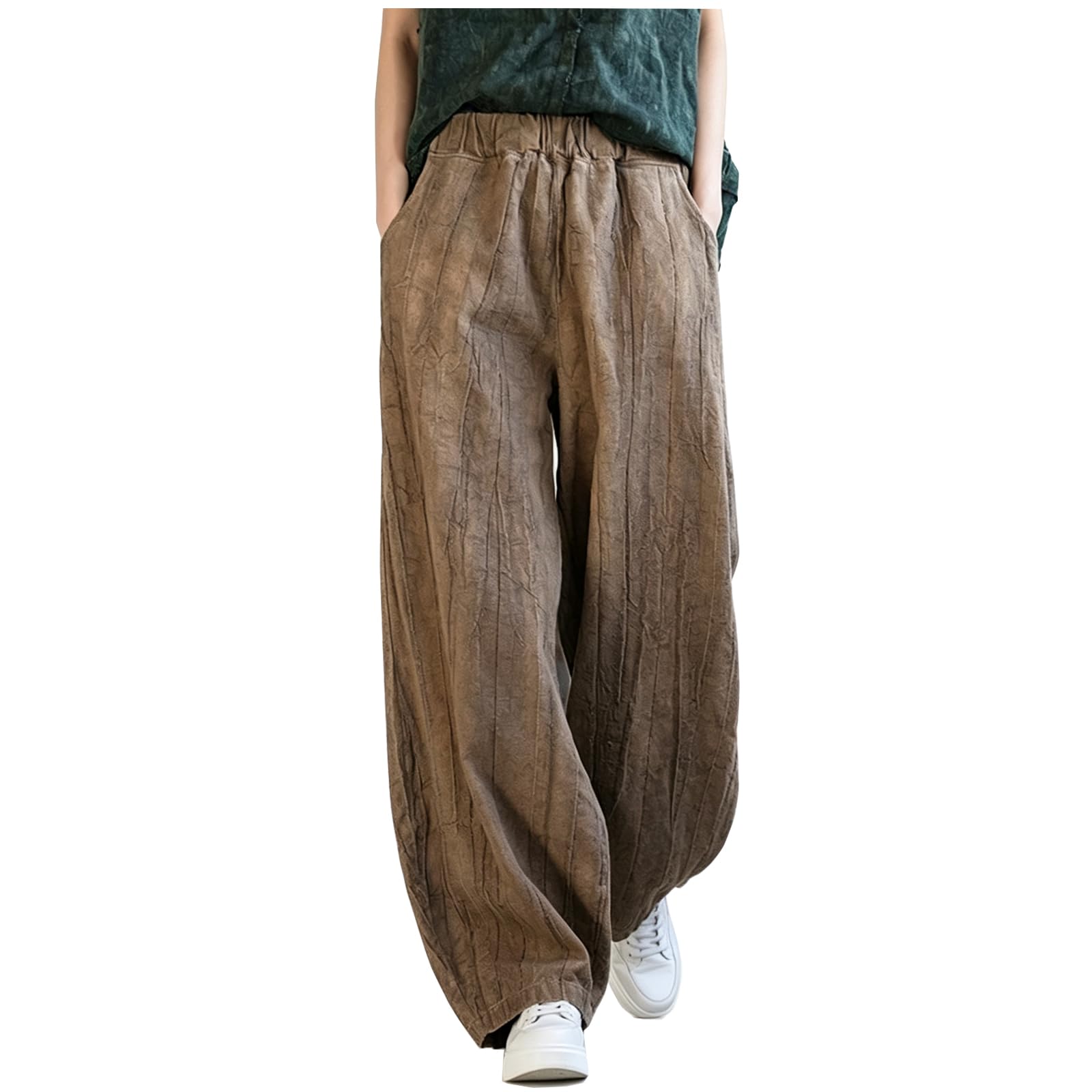 Pantalon Sarouel pour Femme avec Poches – Pantalon Extensible en Mélange Coton et Ramie, Idéal pour Le Sport ou la Détente