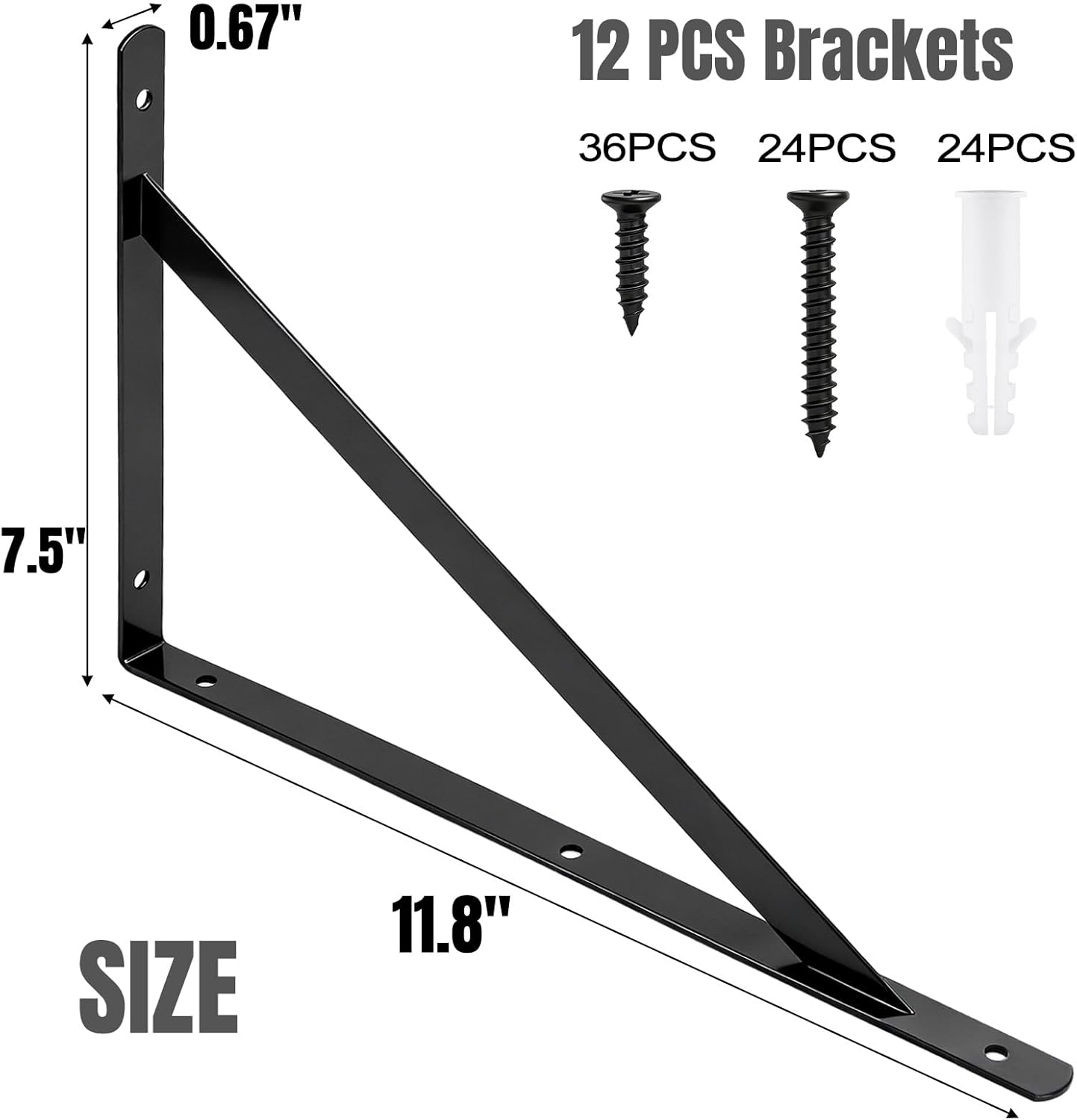 Hiceeden 12 Pack Heavy Duty Shelf Brackets, 12 in X 8 in Wall Mount Steel L Shelf Bracket, Angle Brackets for Floating Shelves, Black Metal Powder-Coated