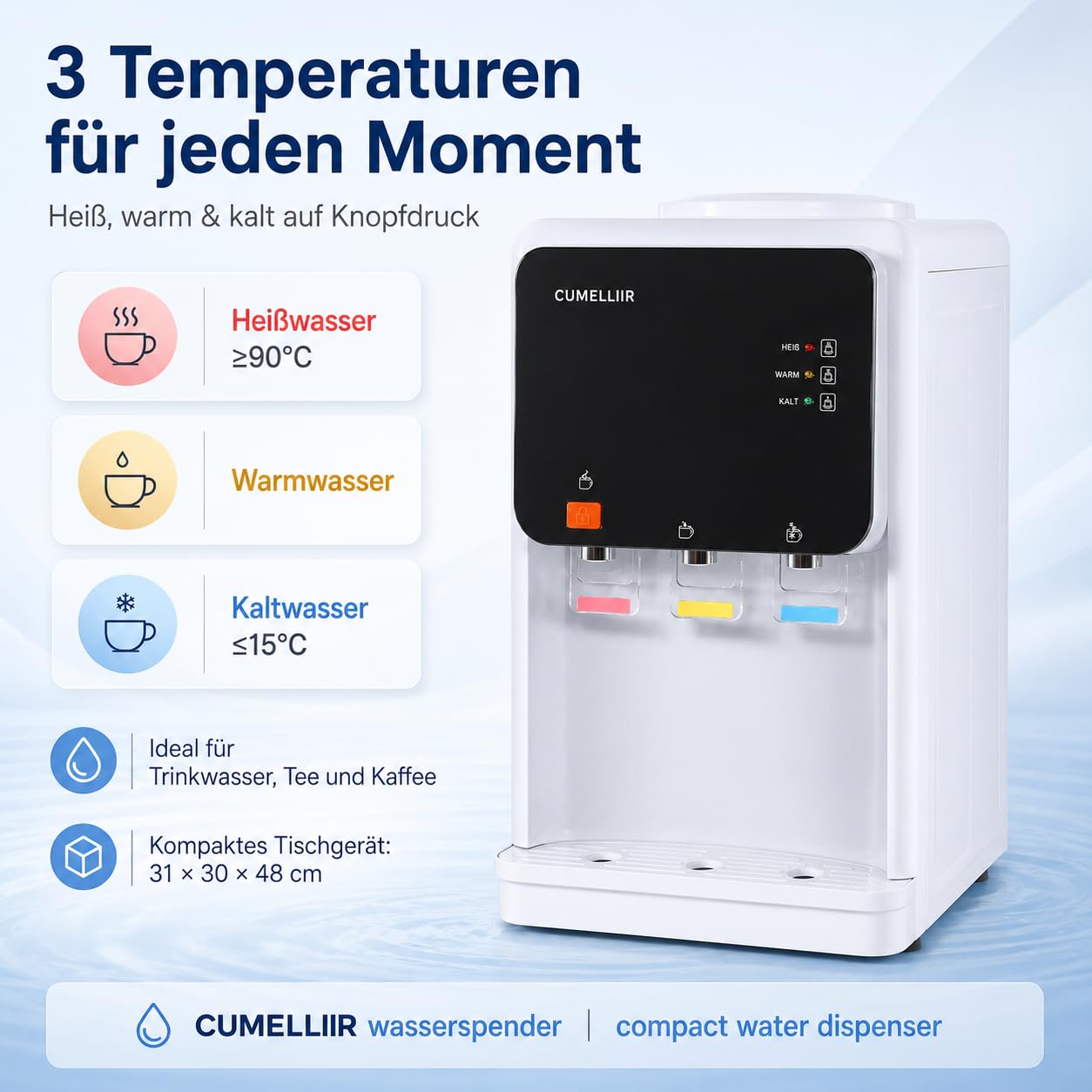 Elektrischer Wasserspender Mit Kühlung, Wasser Spender Automat 500W+75W, 15℃ Kühlung, 90℃ Heiztemperatur, Kaltwasserspender Heißwasserspender Für Büro Zuhause