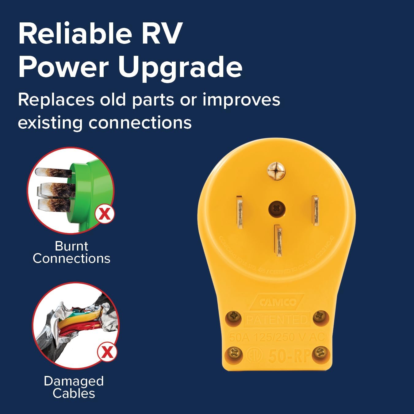 Camco Power Grip 50 Amp Replacement Plug - Head Attaches to Existing RV Extension Cord - Features 50 Amp RV Plug (NEMA 14-50P) with Ergonomic Designed Handle - Rated 125-250V/12,500W (55255)