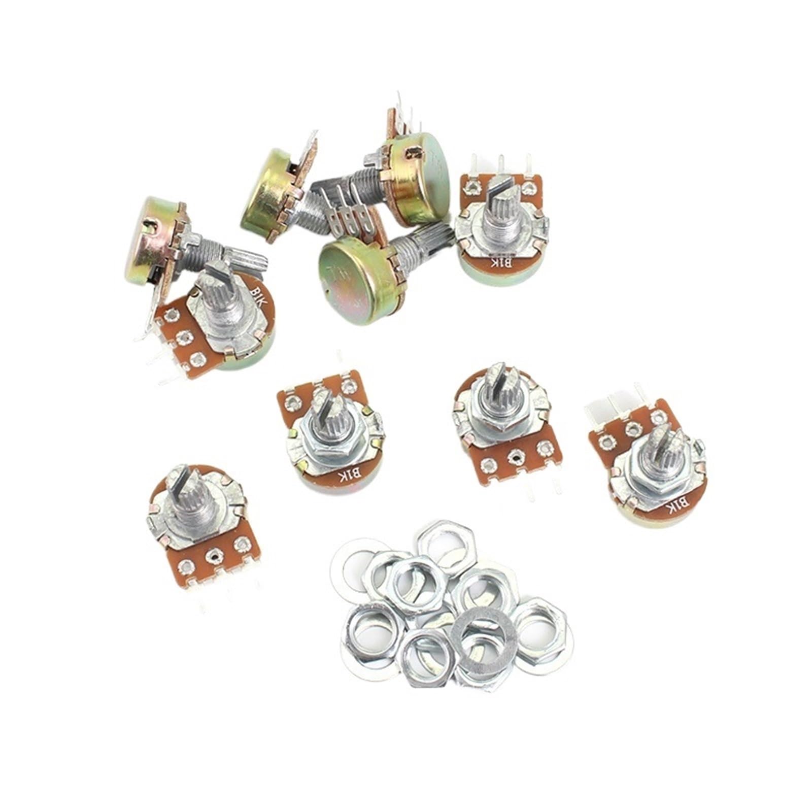 20 potenciómetros lineales WH148 de 15 mm y 3 pines con tuercas y arandelas, resistencia 1K, 2K, 5K, 10K, 20K, 50K, 100K, 250K, 1M (1M Ohm)