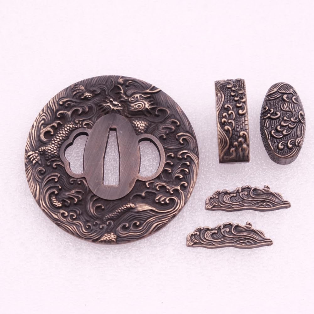 Samurai Sword Koshirae Set，Alloy Tsuba Fuchi Kashira Menuki Katana Fittings (HJ110, 3.14in-3.54in, 2.75in-3.14in,)