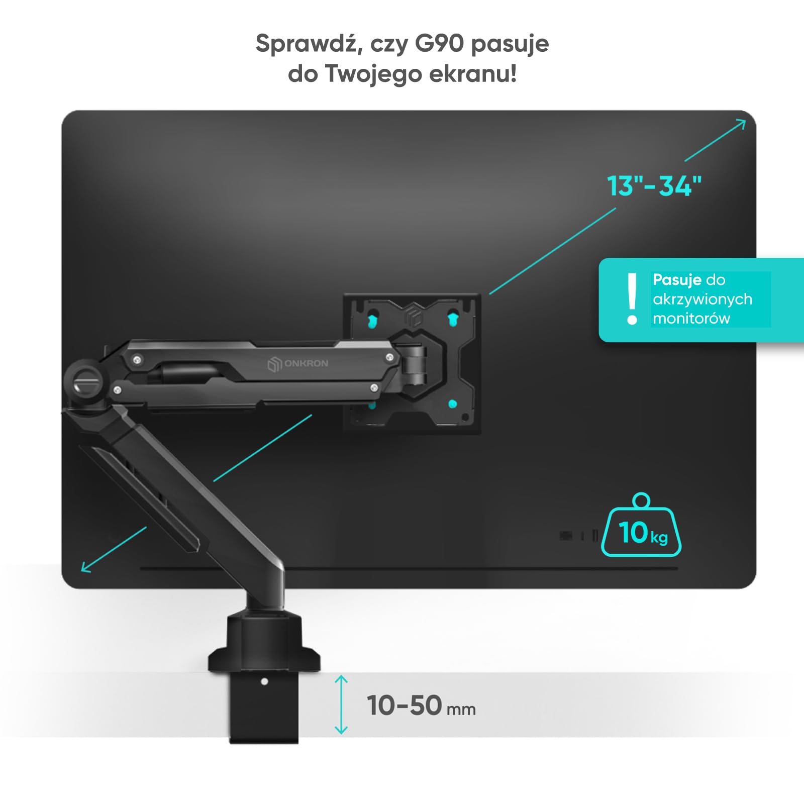 ONKRON Uchwyt do monitora 13-34 cali do 10 kg, uchwyt na ekran PC ze sprężyną gazową, uchwyt do monitora VESA 75 x 75-100 x 100, regulowane ramię monitora, kolor czarny G90-B