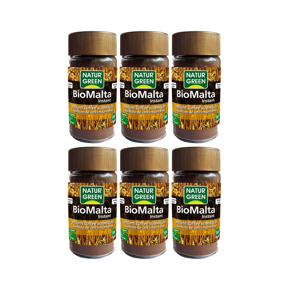 NaturGreen - BioMalta Instantánea Ecológica, Pack 6 x 100 g, Malta Soluble Bio en Polvo, Bebida de Cebada Malteada 100% Vegetal, Alternativa al Café, Sin Cafeína, Sin Lactosa, Sin Azúcar Añadido