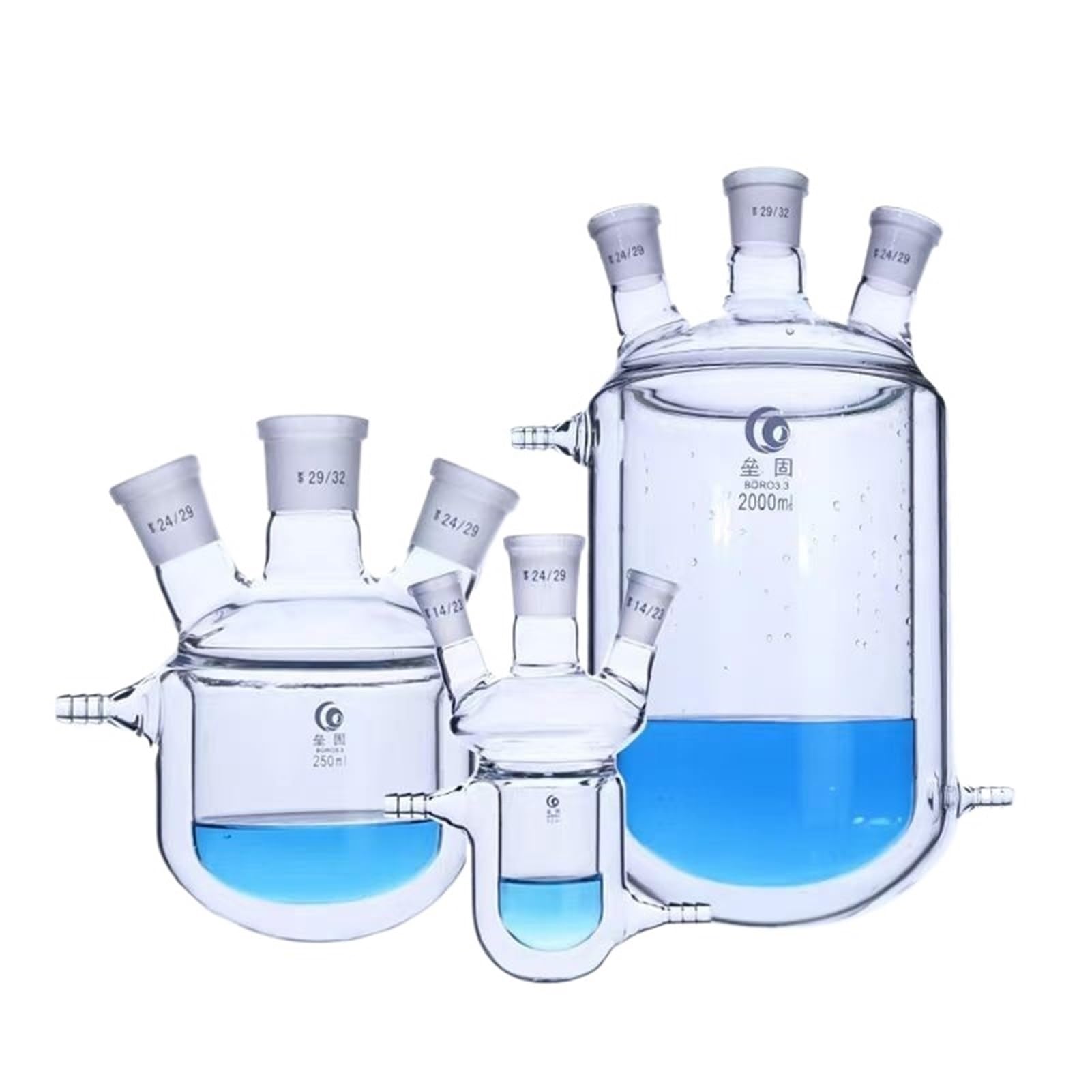 matraz de fondo redondo， Matraz de reacción de vidrio de borosilicato de 4 bocas con camisa y válvula de vaciado de PTFE (250 ml-5000 ml)(2000mL 29x24x24x24)