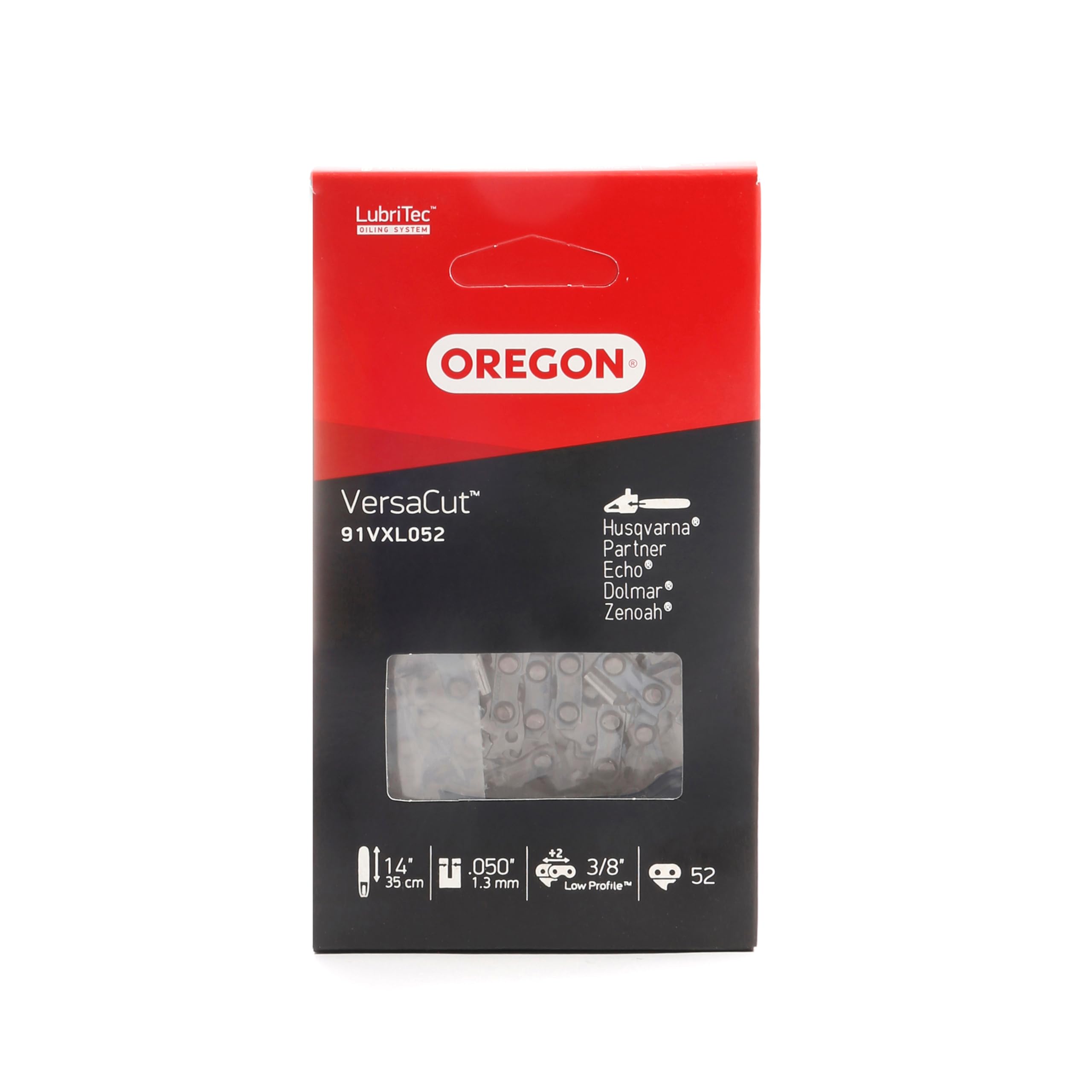 Oregon VersaCut 3/8" Low Profile Pitch, .050" (1.3 mm) Gauge Semi-Chisel Chainsaw Chain for 14 Inch Bar - 52 Drive Links - fits Husqvarna, Makita, Dolmar, Einhell, Echo, and More (91VXL)